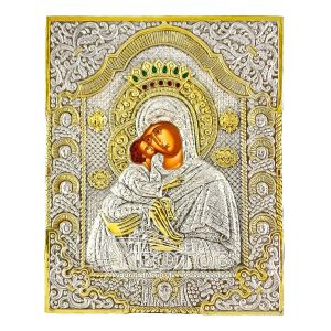Εικόνα Παναγία Γλυκοφιλούσα Επιμεταλλωμένη με Λίθους σε Ξύλο