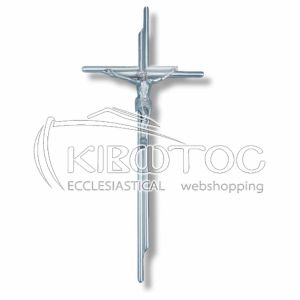 Σταυρός για Μνήμα Μπρούτζινος Σατινέ Ασημί Λείος Διπλός με Εσταυρωμένο