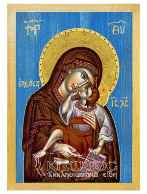 εικόνα Παναγία Ελεούσα εκκλησιαστικά Ξύλινη Μπλε φόντο 21x15