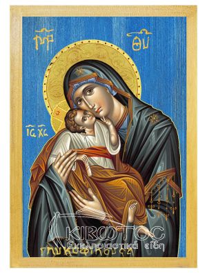 εικόνα Παναγία Γλυκοφιλούσα εκκλησιαστικά Ξύλινη Μπλε φόντο 21x15