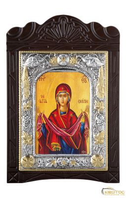 Εικόνα Παναγία η Αγία Σκέπη Μεταλλική με Ξύλινη Κορνίζα