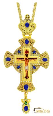 Επιστήθιος Σταυρός Επίχρυσος Σχέδιο Δίσκος με Μπλε Πετράδια