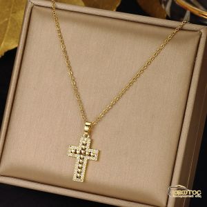 Κολιέ Σταυρός Επιχρυσωμένος με Ζιργκόν και Καρδιές