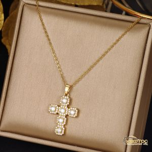 Κολιέ Σταυρός Επιχρυσωμένος με Διπλή Σειρά Ζιργκόν