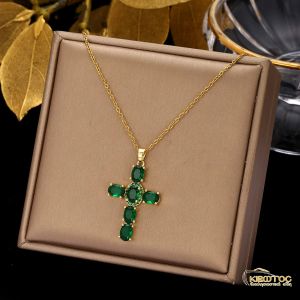 Κολιέ Σταυρός Επιχρυσωμένος με Πράσινα Ζιργκόν