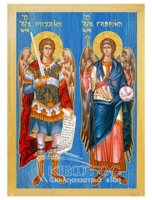 εικόνα Αρχάγγελοι Γαβριήλ Μιχαήλ εκκλησιαστικά Ξύλινη Μπλε φόντο 21x15