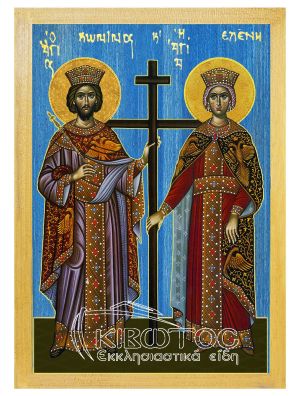 εικόνα άγιοι Κωνσταντίνος Ελένη  εκκλησιαστικά Ξύλινη Μπλε φόντο 21x15