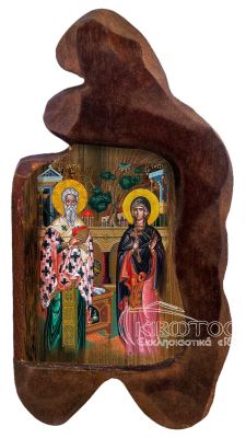εικόνα βάπτισης άγιοι Κυπριανός Ιουστίνη εκκλησιαστικά είδη Ξύλινο Εικονάκι Σκαφτό Ακανόνιστο Περίγραμμα 12x7
