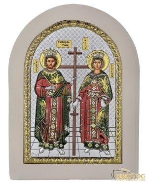 Εικόνα Άγιοι Κωνσταντίνος και Ελένη Ασημένια με Λευκή Κορνίζα