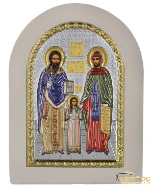 Εικόνα Άγιοι Ραφαήλ Νικόλαος Ειρήνη Ασημένια με Λευκή Κορνίζα