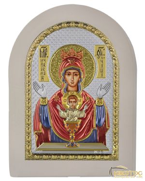 Εικόνα Ασημένια Παναγία το Άγιο Δισκοπότηρο με Λευκή Κορνίζα 21x15cm