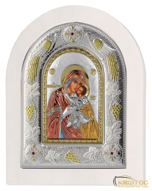 Εικόνα Παναγία Γλυκοφιλούσα Ασημένια Πολύχρωμη με Λευκή Κορνίζα