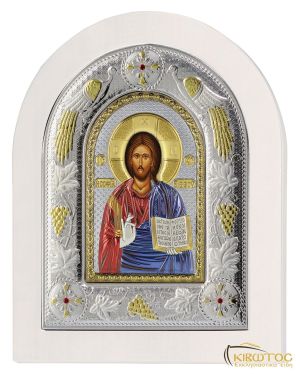 Εικόνα Ιησούς Χριστός Ασημένια Πολύχρωμη με Λευκή Κορνίζα