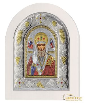 Εικόνα Άγιος Νικόλαος Ασημένια Πολύχρωμη με Λευκή Κορνίζα