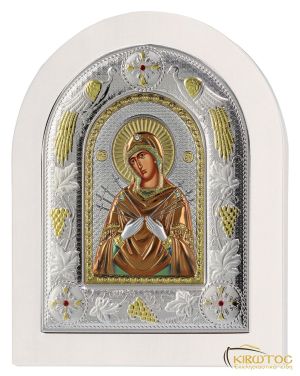 Εικόνα Παναγία Επτάσπαθη Ασημένια Πολύχρωμη με Λευκή Κορνίζα