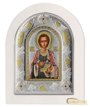 Εικόνα Άγιος Παντελεήμων Ασημένια Πολύχρωμη με Λευκή Κορνίζα