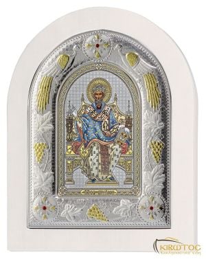 Εικόνα Άγιος Σπυρίδων Ασημένια Πολύχρωμη με Λευκή Κορνίζα