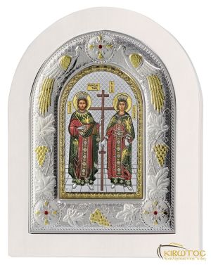 Εικόνα Άγιοι Κωνσταντίνος και Ελένη Ασημένια Πολύχρωμη με Λευκή Κορνίζα
