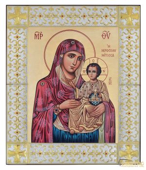 Εικόνα Μεταξοτυπία Παναγία Ιεροσολυμίτισσα Ασημένια Κορνίζα 59x49cm