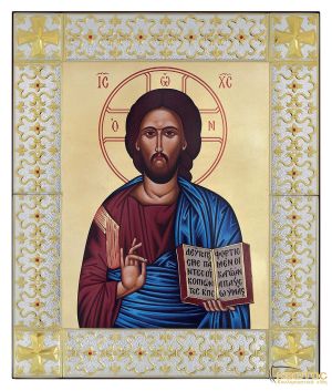 Εικόνα Μεταξοτυπία Ιησούς Χριστός Ασημένια Κορνίζα 59x49cm