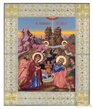 Εικόνα Μεταξοτυπίας Η Γέννηση του Χριστού Ασημένια Κορνίζα 59x49cm