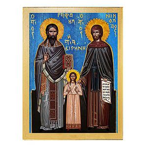 εικόνα άγιοι Ραφαήλ Νικόλαος Ειρήνη εκκλησιαστικά Ξύλινη Μπλε φόντο 21x15