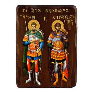 εικόνα άγιοι Θεόδωροι Τήρων Στρατηλάτης εκκλησιαστικά είδη Ξύλινη Ανάγλυφη Χειροτεχνία 30cm x 20cm