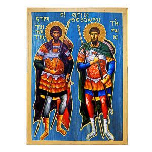 εικόνα άγιοι Θεόδωροι Στρατηλάτης Τήρων  εκκλησιαστικά Ξύλινη Μπλε φόντο 21x15