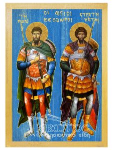 εικόνα άγιοι Θεόδωροι Στρατηλάτης Τήρων  εκκλησιαστικά Ξύλινη Μπλε φόντο 21x15